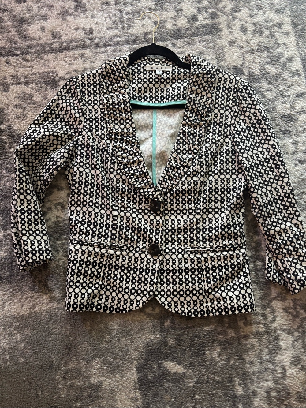 CAbi Black and White Geometric Ruffle-Trim Blazer